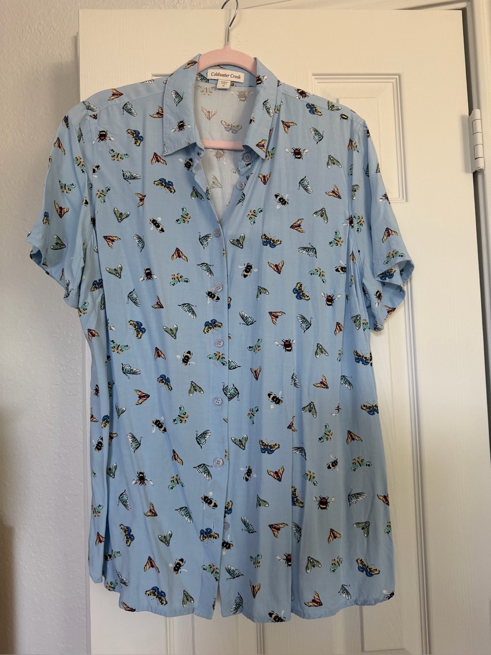 Coldwater Creek Pale Blue Short-Sleeve Shirt with Butterfly & Bee Motif